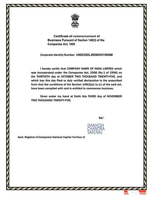 India certificate of commencement Word and PDF template
